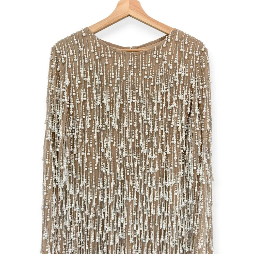 Mac Duggal Beige Long Sleeve Midi Dress With Embellished Fringe $898 - Size‎ 12